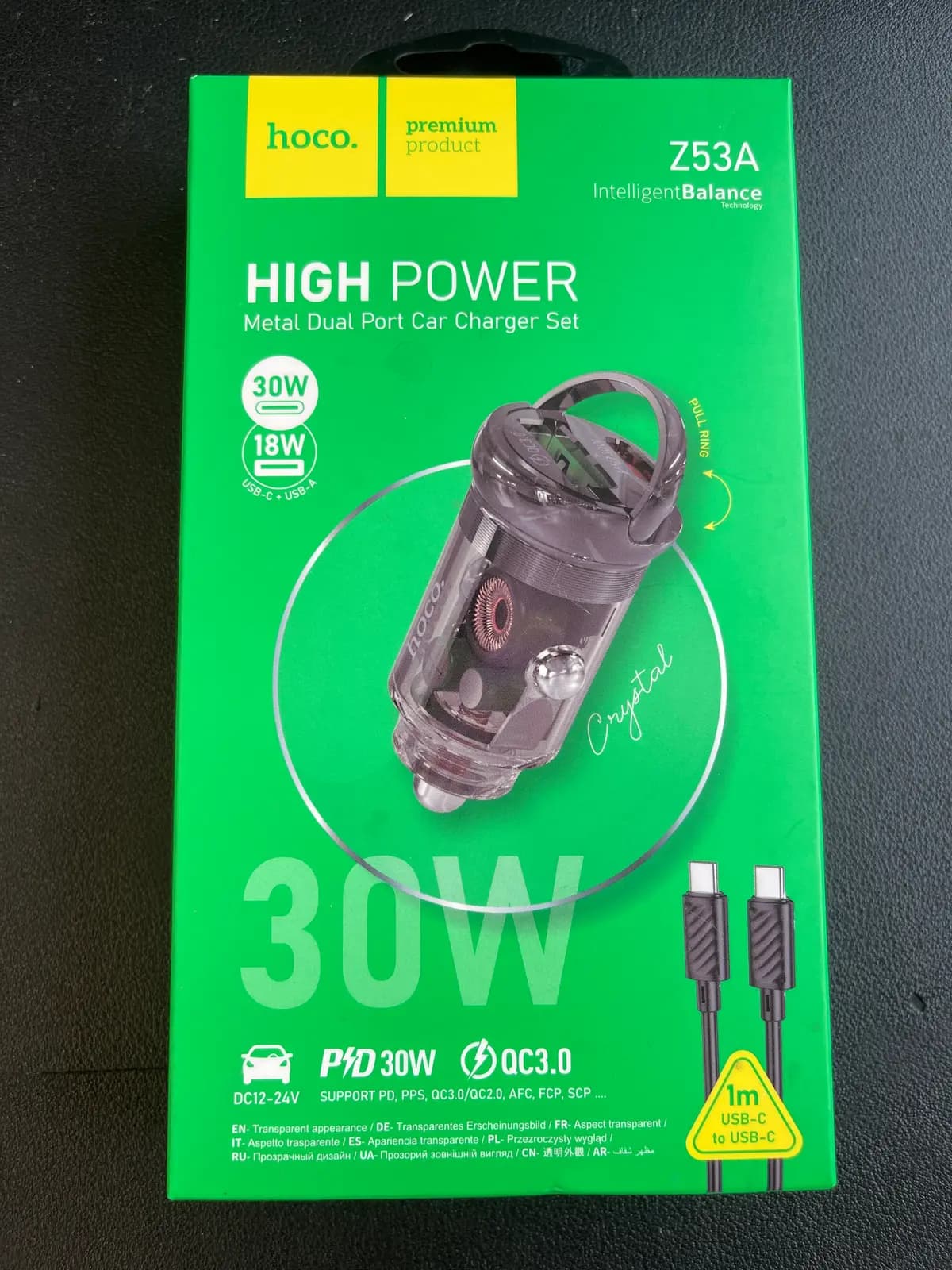 HOCO Z53A – automobilinis įkroviklis, USB-C PD + USB QC 3.0, 30 W, su USB-C laidu