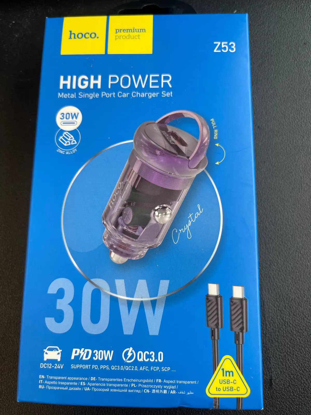 HOCO Z53 – automobilinis įkroviklis, USB-C PD + USB QC 3.0, 30 W, su USB-C laidu