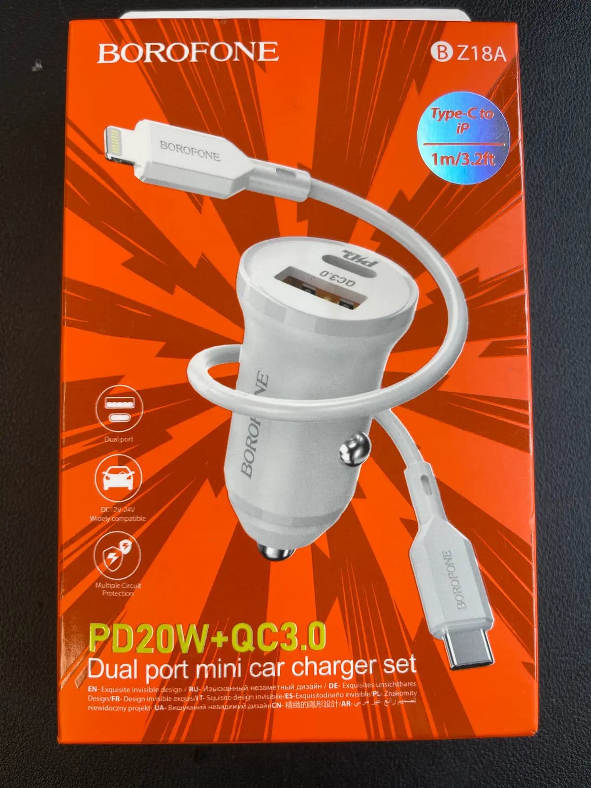 **BOROFONE BZ18A – automobilinis įkroviklis, USB + USB-C, 20 W, su 1 m USB-C–Lightning laidu**