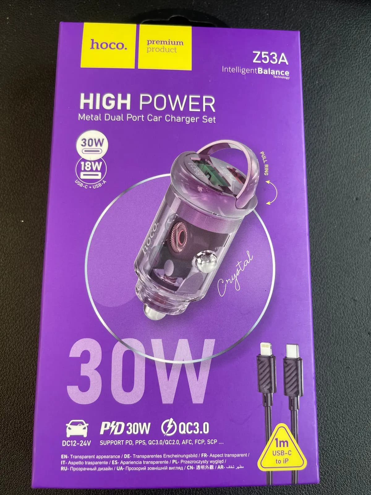 HOCO Z53a – automobilinis įkroviklis 30 W, su USB-A–Lightning laidu