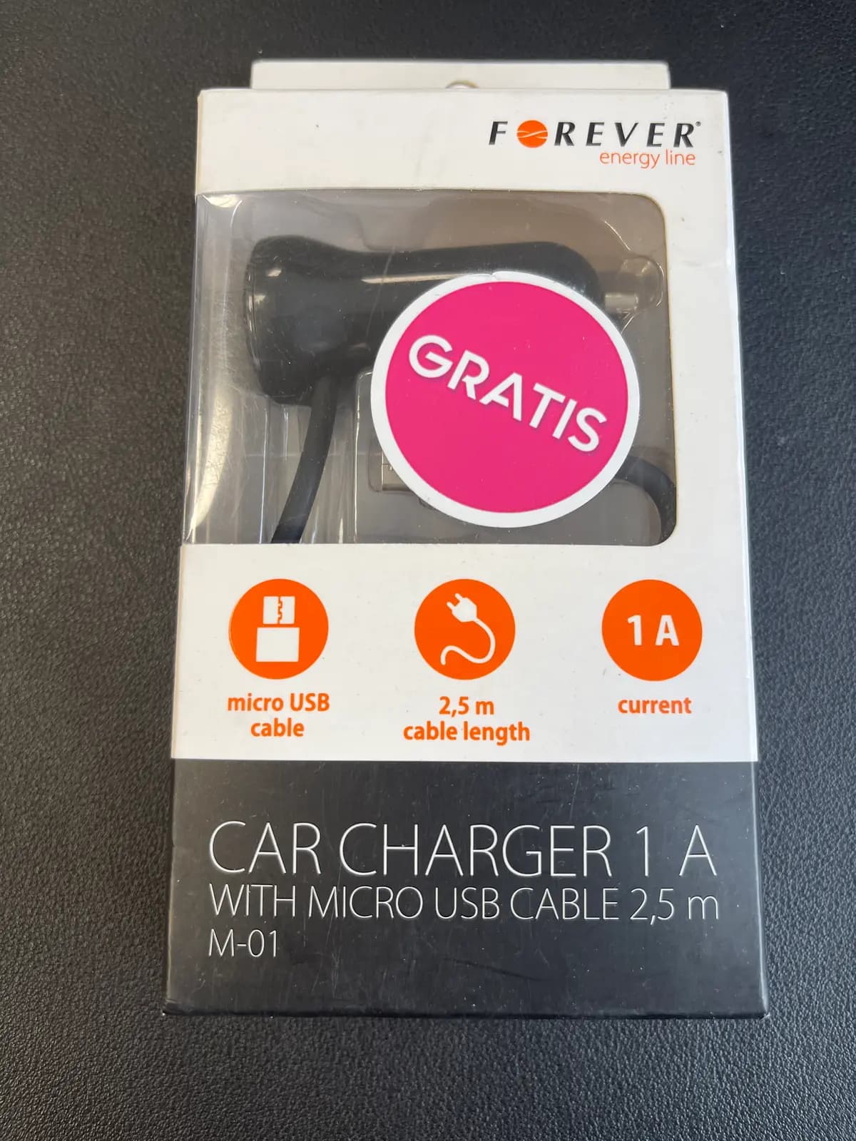 Automobilinis įkroviklis Forever M-01 Micro USB 5V 1A 2.5M Juodas