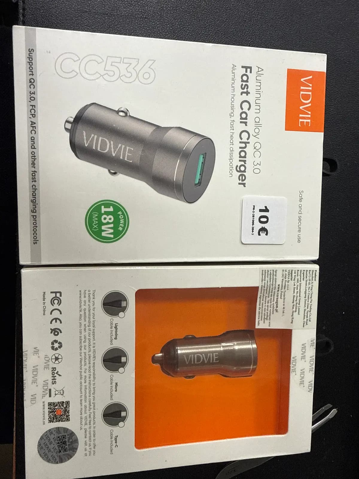 VIDVIE CC536 automobilinis įkroviklis, 1×USB, QC 3.0, 18 W, sidabrinis