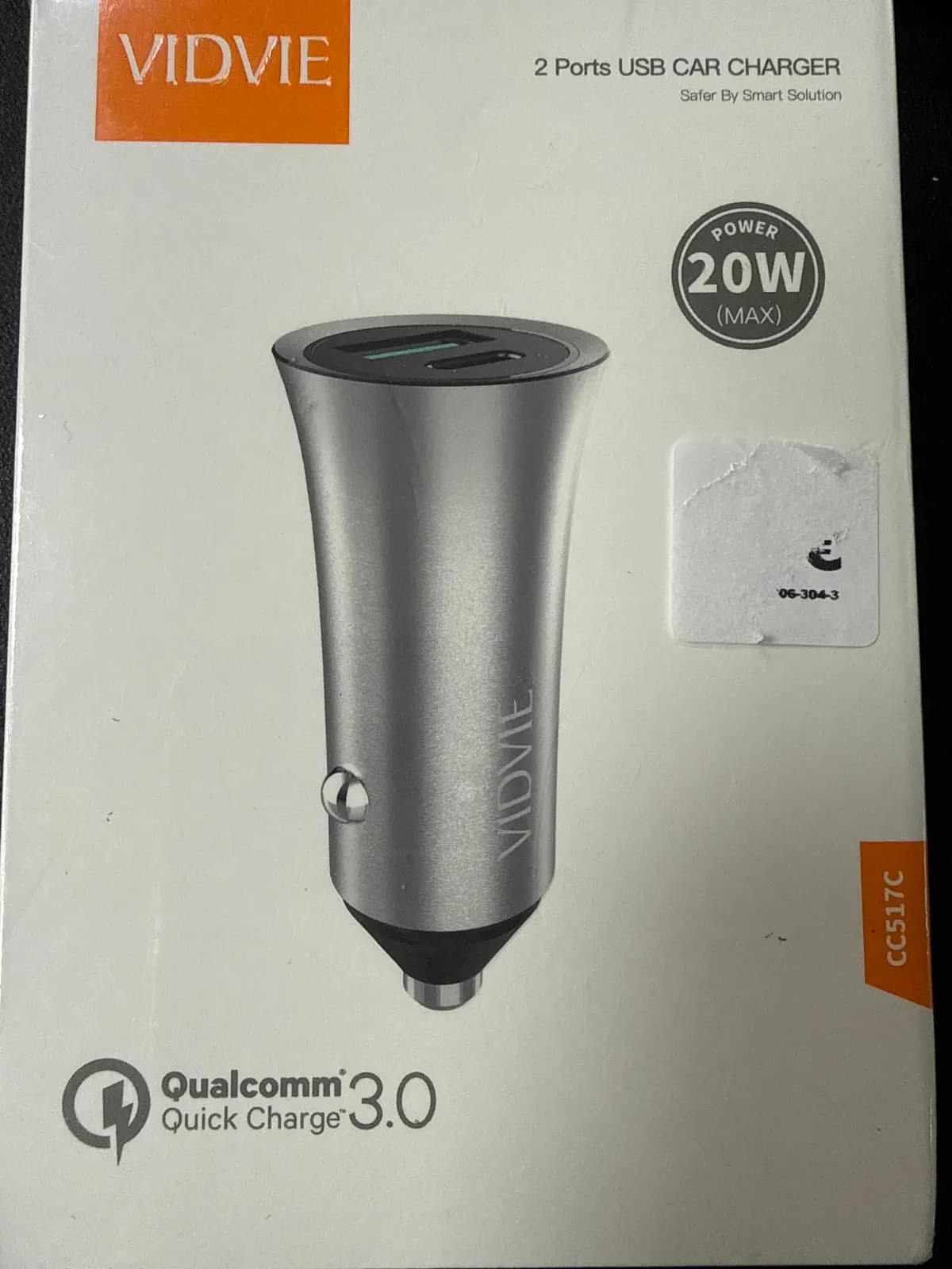 VIDVIE automobilinis įkroviklis, 2×USB, QC 3.0, 20W, sidabrinis