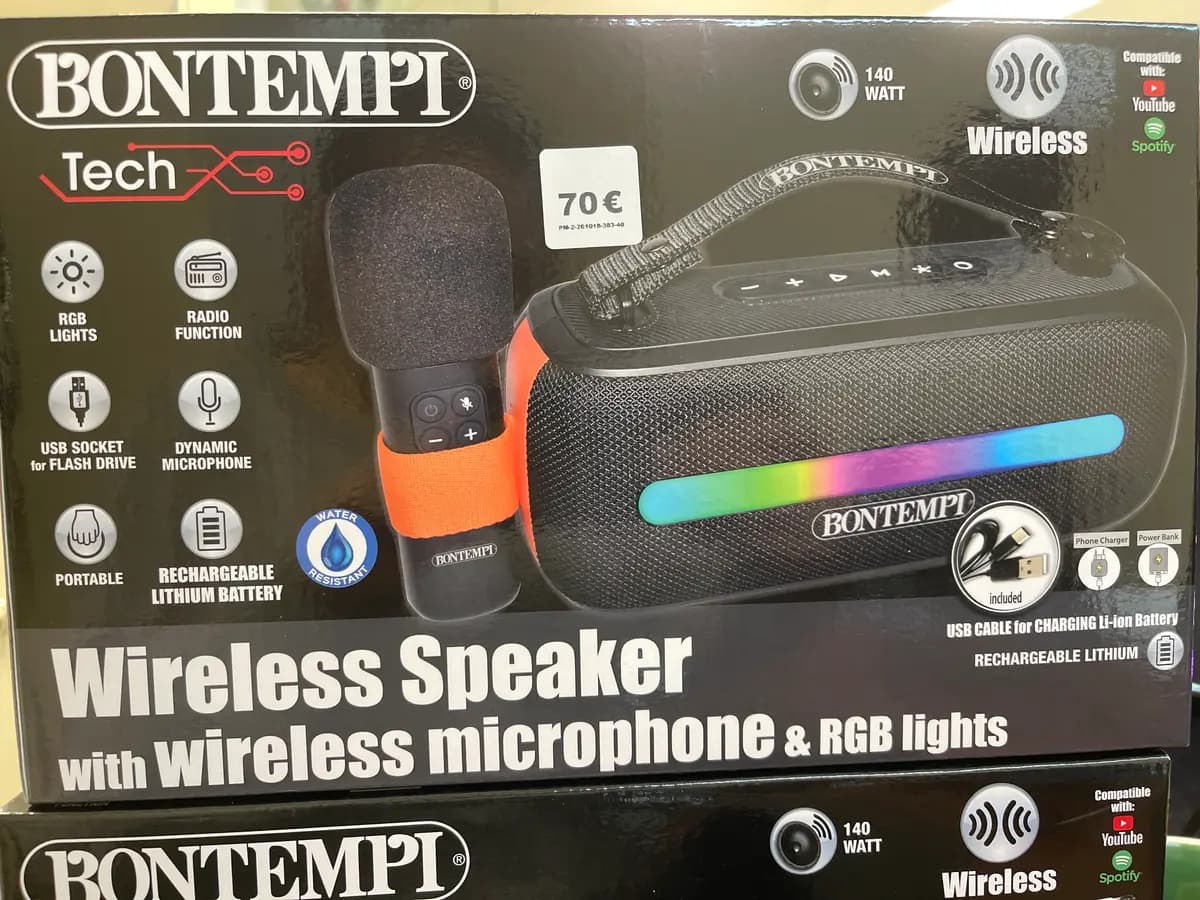 BONTEMPI TECH belaidis garsiakalbis su belaidžiu mikrofonu ir RGB šviesomis